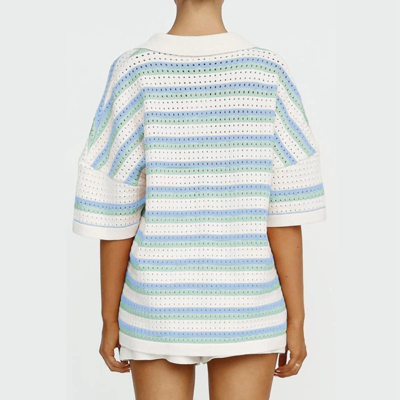 Women's Striped Summer Knit Lounge Set – Button-Up Crochet Blouse and Elastic Waist Shorts Two-Piece Outfit