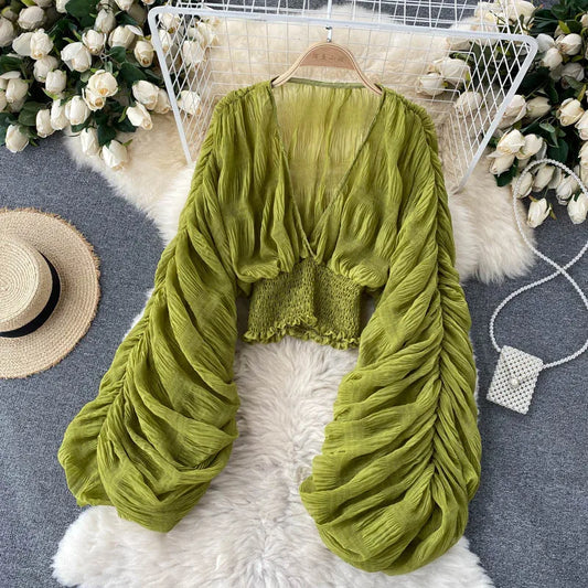 Sexy Sheer Chiffon Short Blouse – V-Neck Long Puff Sleeve Party Top for Women