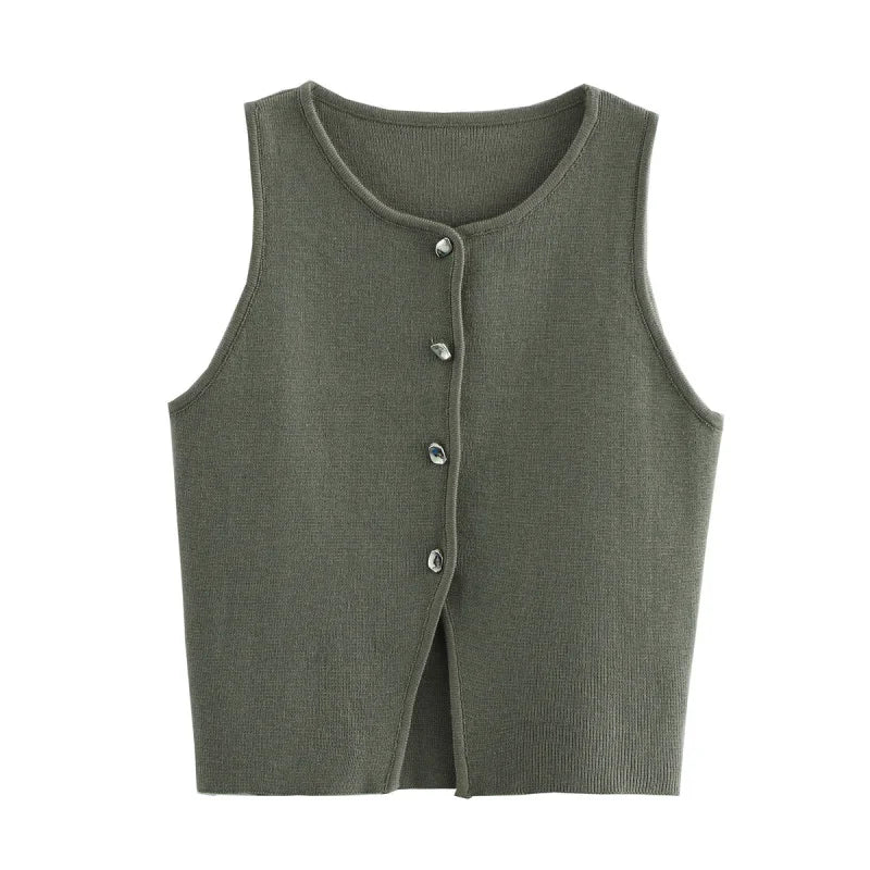 Slim Fit Knit Button Vest – Sleeveless Round Neck Solid Color Crop Top