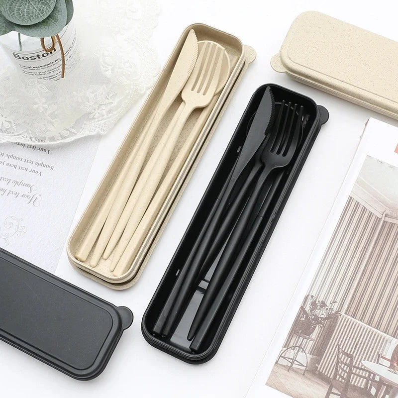 4PCS Portable Wheat Straw Cutlery Set – Spoon, Fork, Chopsticks with Storage Box for Travel & Daily Use