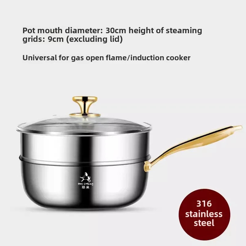 316 Stainless Steel Small Wok with Lid – Golden Handle Deepened Flat Bottom Soup Pot & Non-Stick Pan