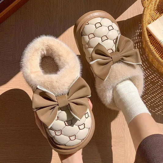 Women's Platform Snow Booties – Cute Bowknot Indoor Winter Slippers with Plush Lining and Flat Sole