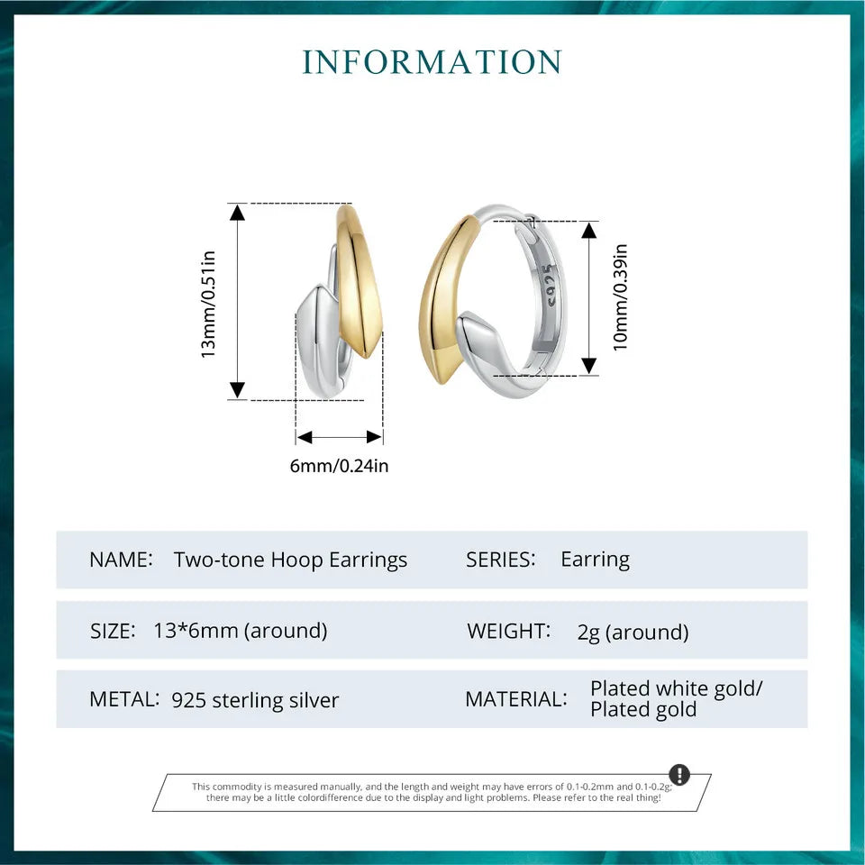 Two-Tone 925 Sterling Silver Classic Hoop Earrings – Hypoallergenic Round Ear Buckles for Women
