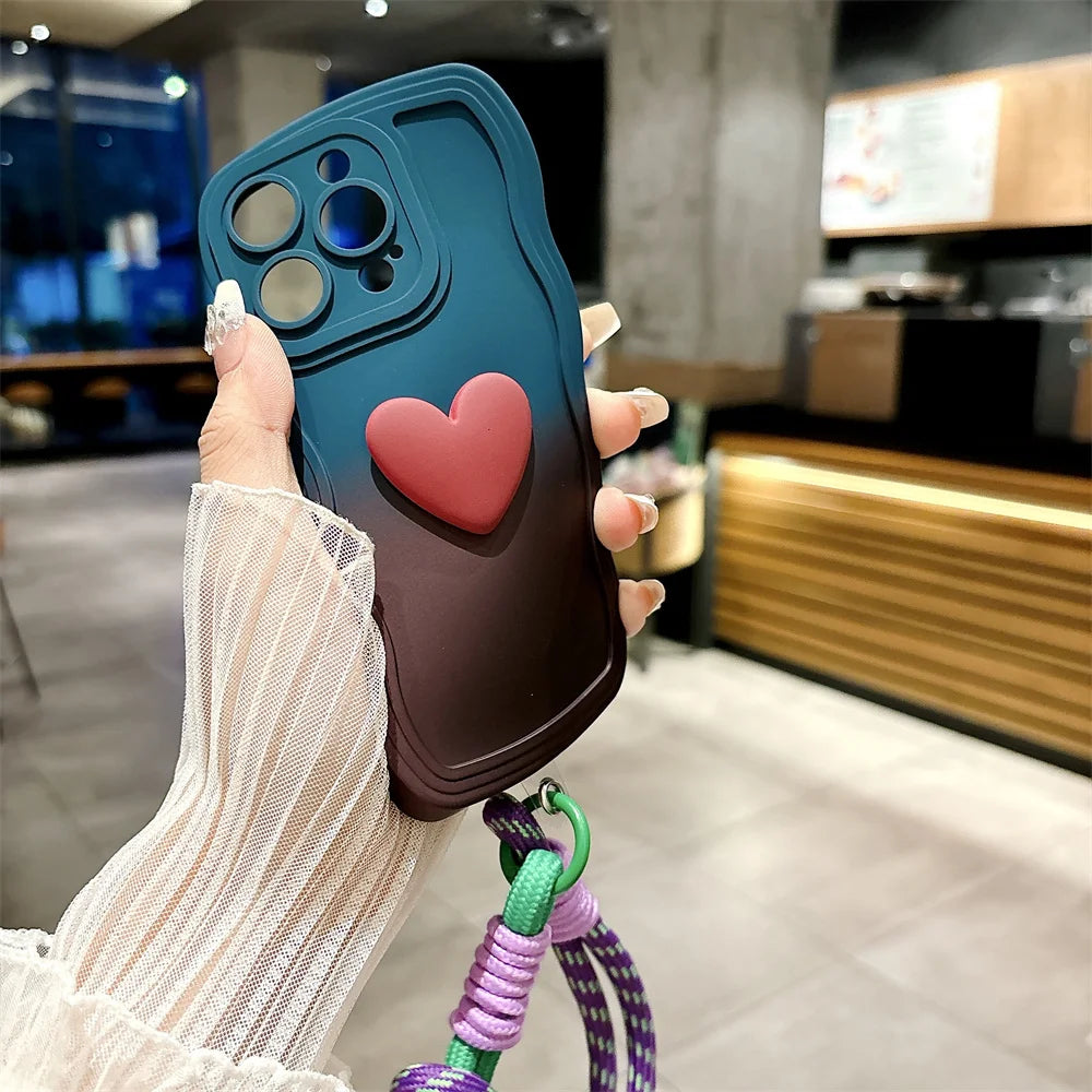 Cartoon Love Heart Gradient Case with Lanyard for iPhone 16/15/14/13/12/11/X/8/7 – Soft Wave Edge Wrist Strap Cover