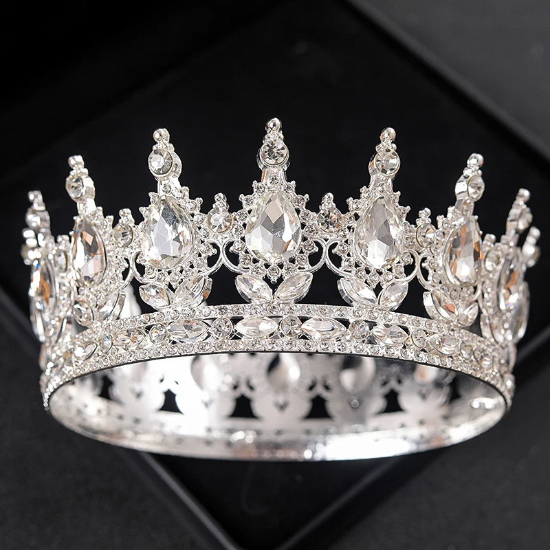 Baroque Round Rhinestone Wedding Crown – Vintage Crystal Tiara Headpiece for Bridal, Queen, or Pageant Looks