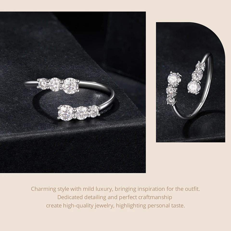 Adjustable Moissanite Open Ring – White Gold Plated 925 Sterling Silver with D Color VVS1 Stone for Women