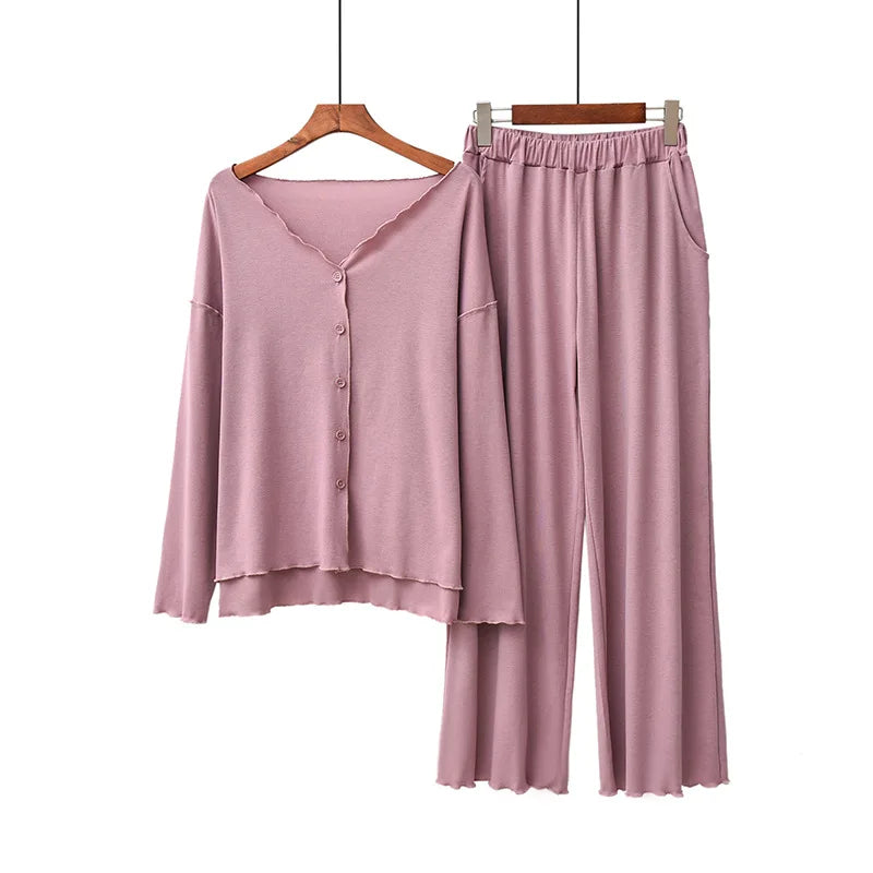 Women's 2-Piece Knit Pajama Set – Long Sleeve V-Neck Cardigan and Pants Loungewear for Winter and Spring Comfort