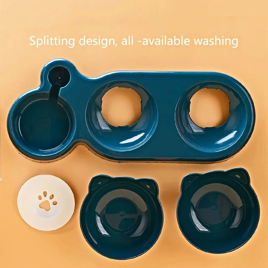 3-in-1 Tilted Cat Food and Water Bowl Set with Gravity Water Feeder – Ergonomic Raised Design for Neck Protection