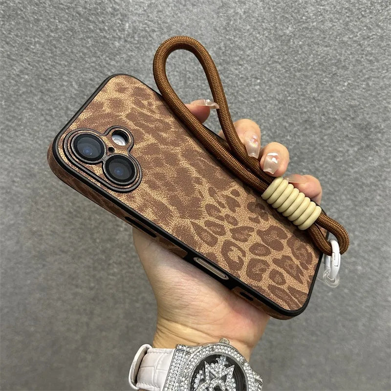 Cartoon Leopard Print Leather Case for iPhone 11/12/13/14/15/16 Series – Matte Cover with Wrist Strap, Lanyard, and Camera Lens Protection