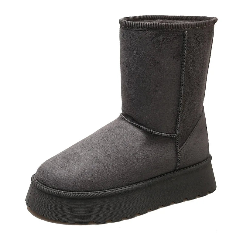 Winter Thick-Soled Mid-Calf Snow Boots with Fleece Lining – Slip-On Round Toe Cotton Shoes