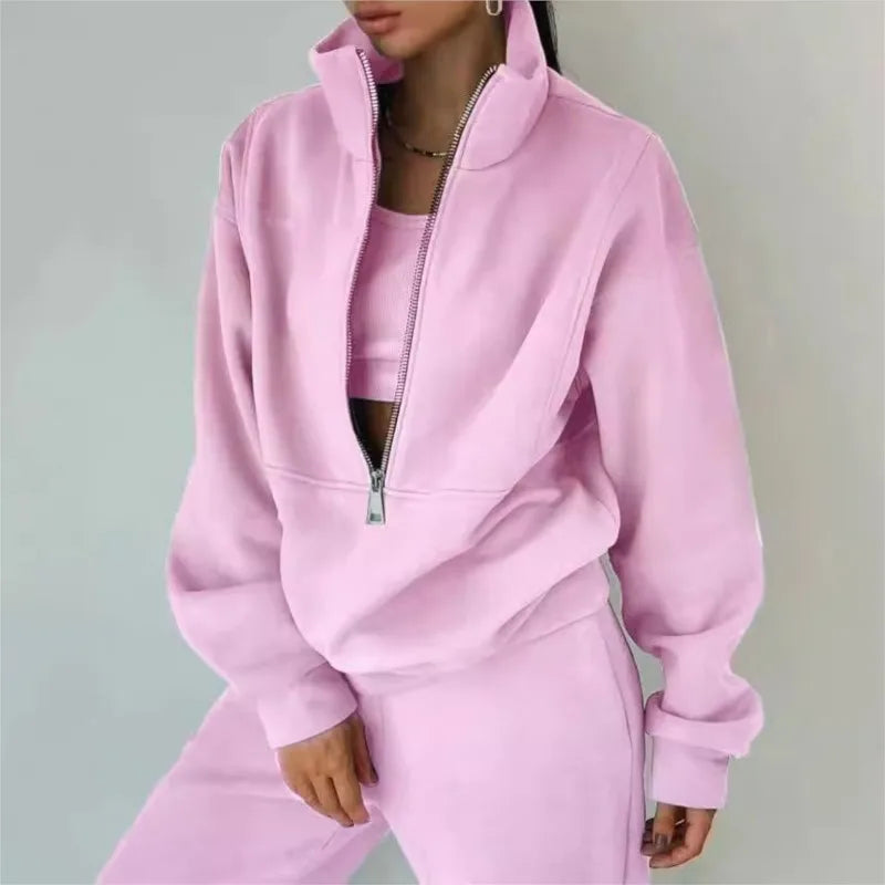 Women's Casual Tracksuit Set – Warm Two-Piece Zipper Outfit for Autumn and Winter, Loose Fit Sportwear