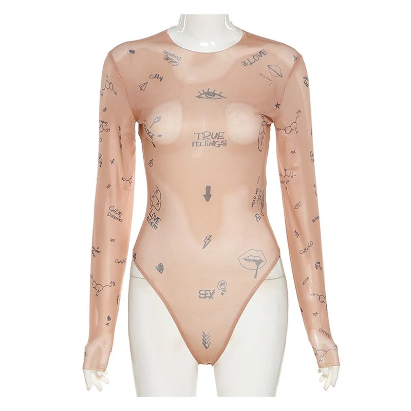 Women's Sexy Printed Long Sleeve Bodysuit – Tight-Fit O-Neck One-Piece Romper for Summer Party and Clubwear