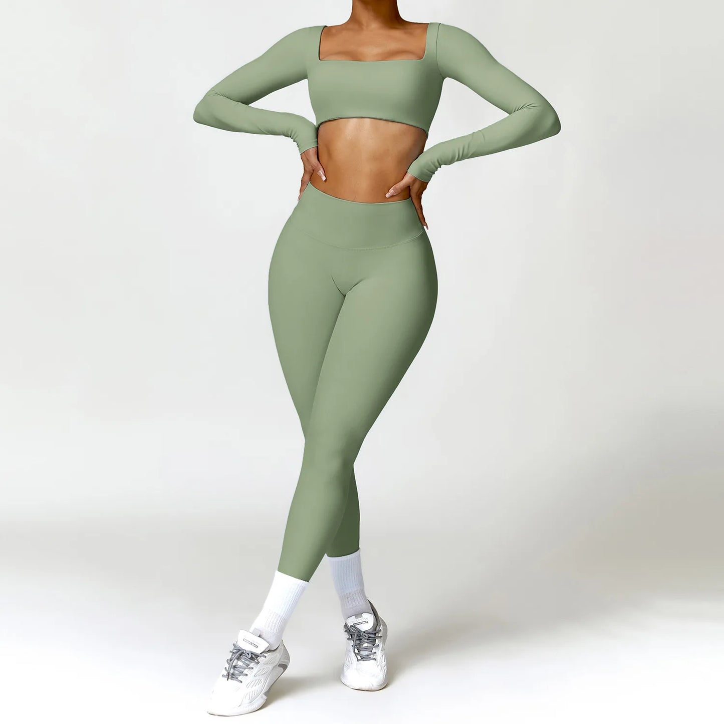 2PCS Quick-Dry Yoga Workout Set – Long Sleeve Top & High Waist Leggings for Women