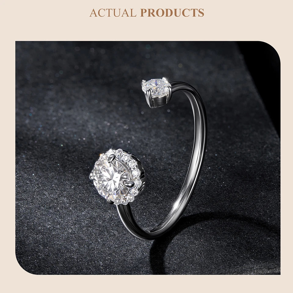 Adjustable Moissanite Open Ring – 925 Sterling Silver with White Gold Plating, 0.7CT D Color VVS1 Stones for Women