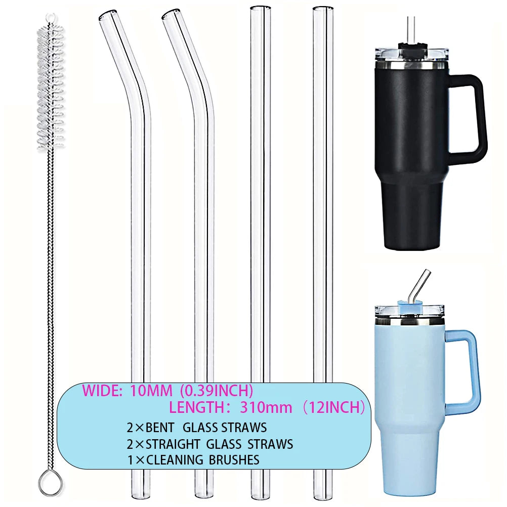 12" Extra-Long Reusable Glass Straws for 30/40oz Stanley Cups – Dishwasher Safe with Cleaning Brush