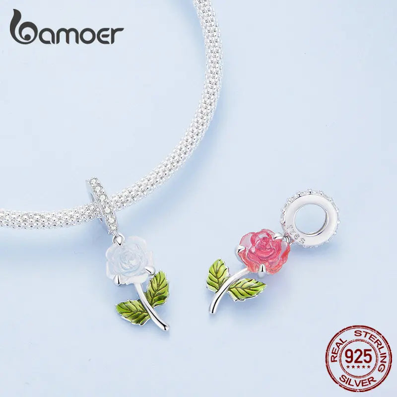 925 Sterling Silver Rose Hanging Charm – Color-Changing Flower Pendant for Bracelet or Necklace DIY
