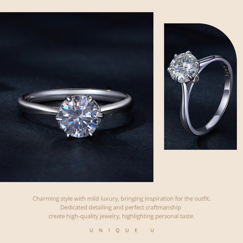 1 Carat Round Moissanite Engagement Ring – D Color VVS1 Stone on 925 Sterling Silver Prong Setting for Women
