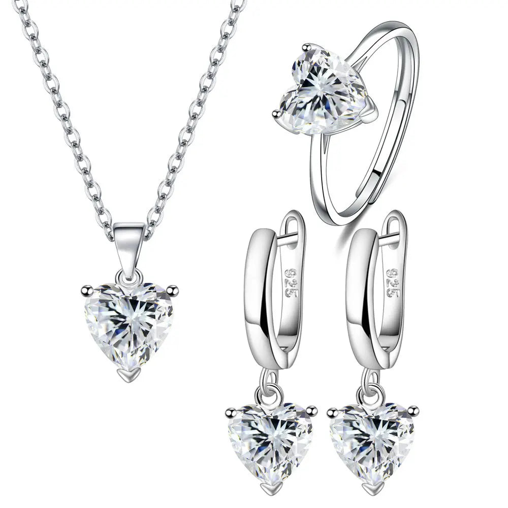925 Sterling Silver Heart Zircon Jewelry Set – Necklace, Earrings & Ring for Women, Elegant Wedding & Engagement Accessory