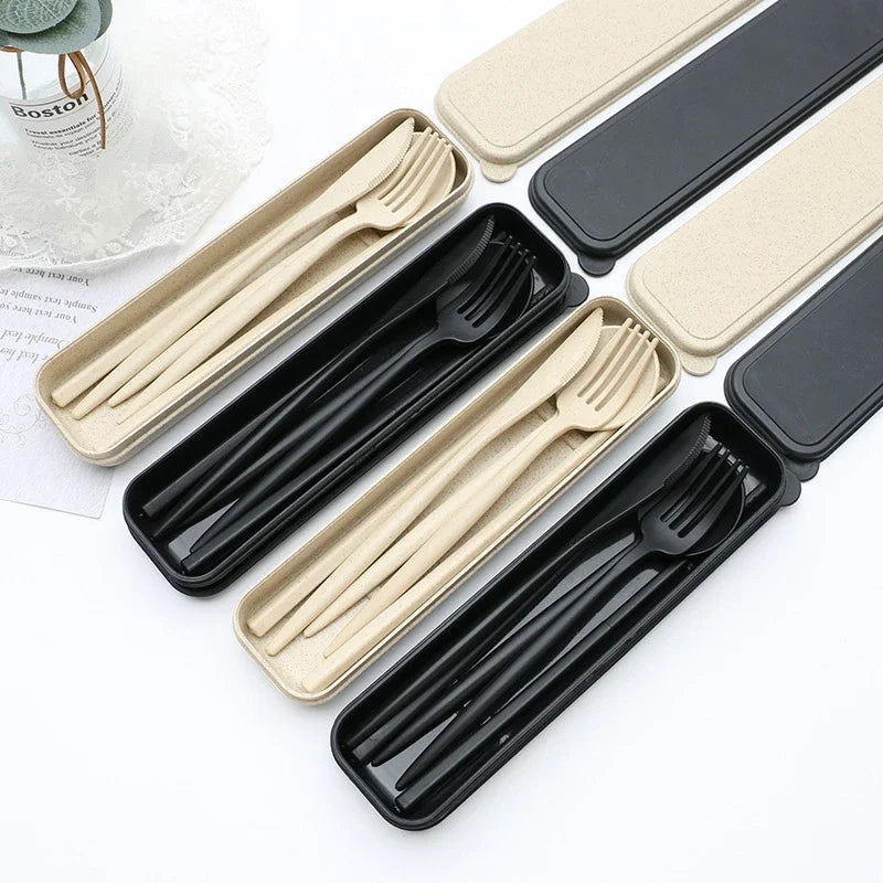 4PCS Portable Wheat Straw Cutlery Set – Spoon, Fork, Chopsticks with Storage Box for Travel & Daily Use