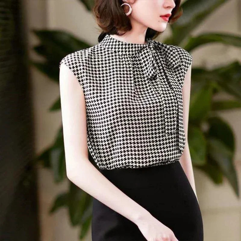 Women's Summer Sleeveless Chiffon Blouse – Korean Houndstooth Print with Bow Lacing and Stand Collar