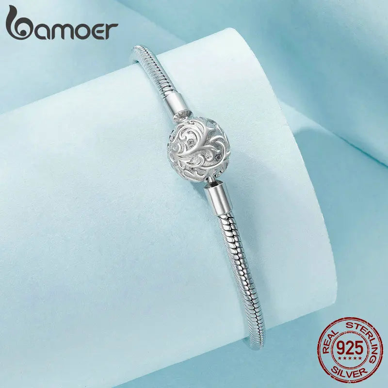 Sterling Silver Snake Chain Charm Bracelet with Retro Clasp – Adjustable 17–19cm Gift for Women