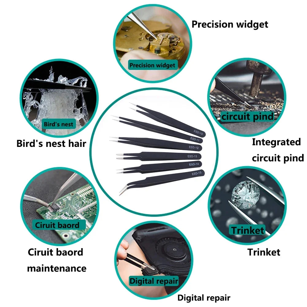2/6PCS Anti-Static Precision Tweezers Set – Stainless Steel ESD Tweezers for Electronics, Soldering, Crafting, and Jewelry Repair