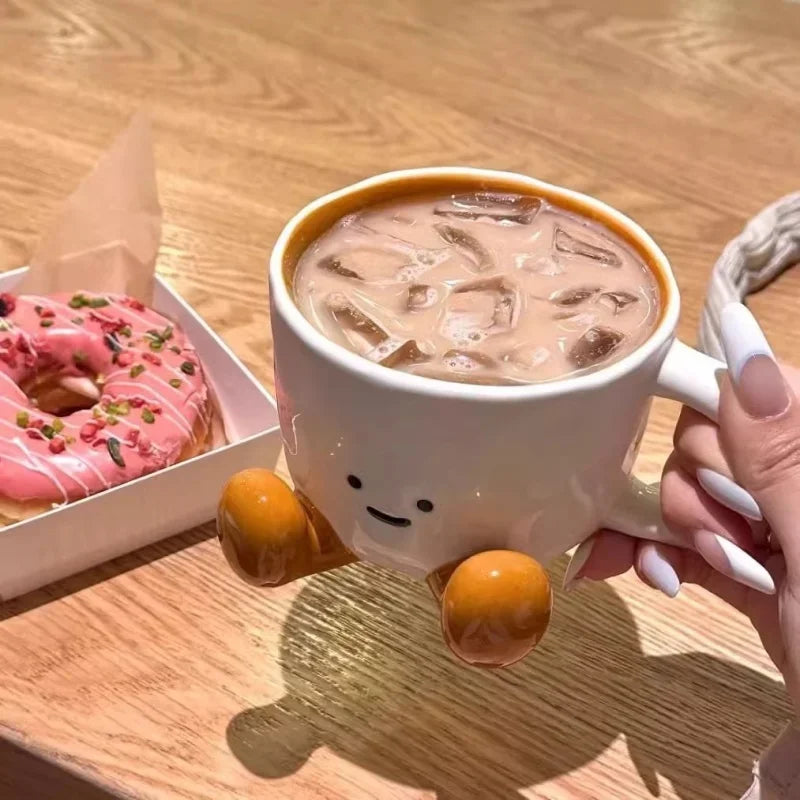 Cartoon Sitting Posture Ceramic Mug – Cute Handgrip Coffee Cup for Girls, Breakfast, Milk, or Office Use