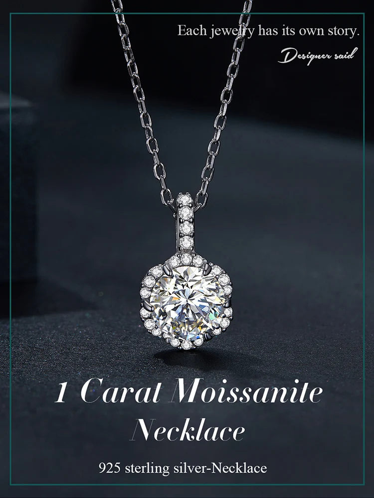 1 Carat Round Brilliant Moissanite Pendant Necklace – 925 Sterling Silver Floral Cut, 45cm Link Chain