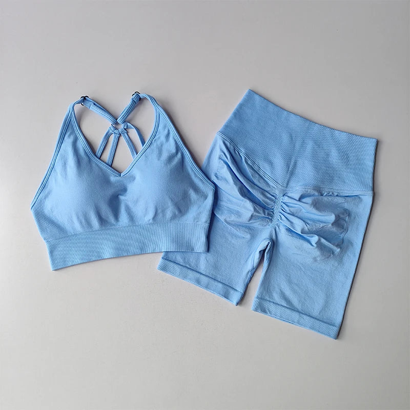 Women's Quick-Dry Yoga Set – High-Waisted Shorts & Beautiful Back Suspender Bra