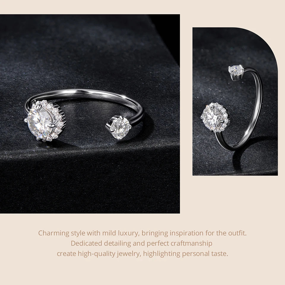 Adjustable Moissanite Open Ring – 925 Sterling Silver with White Gold Plating, 0.7CT D Color VVS1 Stones for Women