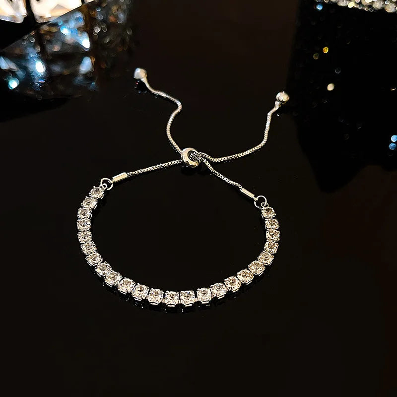 18K Gold Plated Adjustable Bracelet for Women – Rhinestone Heart Link with Square Zircon Charm