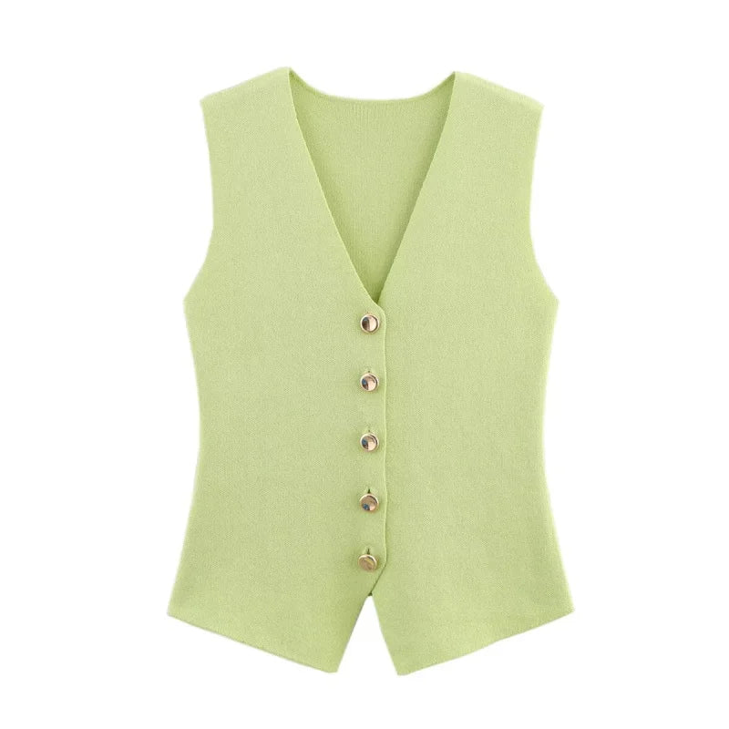 Women's Elegant V-Neck Sleeveless Knit Waistcoat – Button-Up Vest Jacket for Spring & Summer