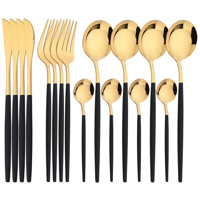 16Pcs Green and Gold Stainless Steel Dinnerware Set – Elegant Flatware Cutlery with Knife, Fork, Spoon, and Teaspoon