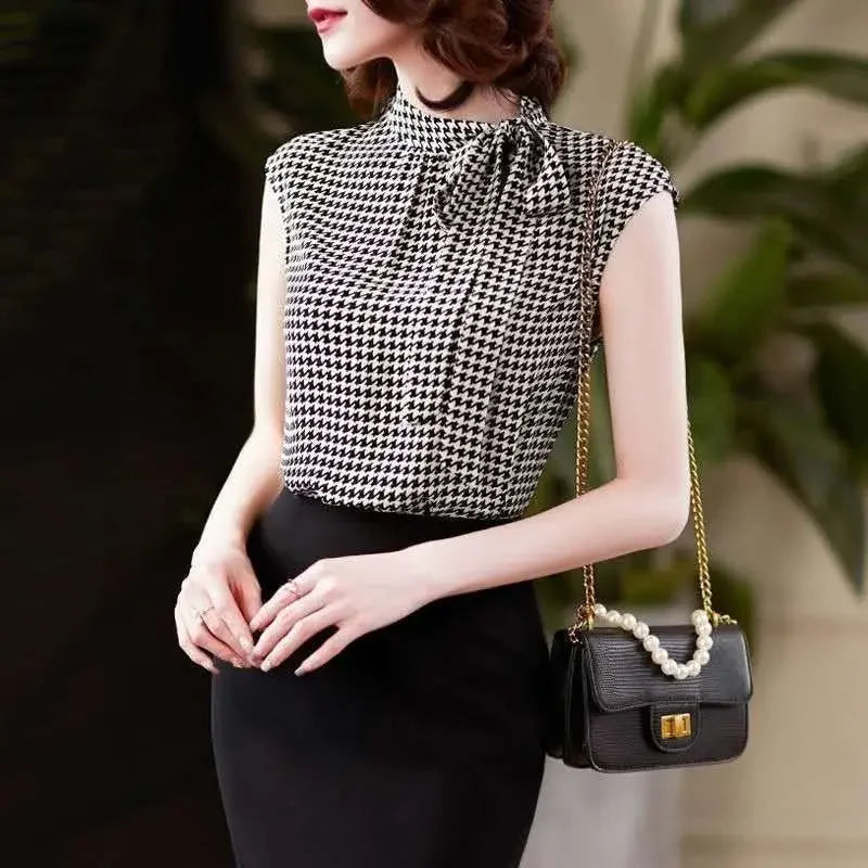 Women's Summer Sleeveless Chiffon Blouse – Korean Houndstooth Print with Bow Lacing and Stand Collar