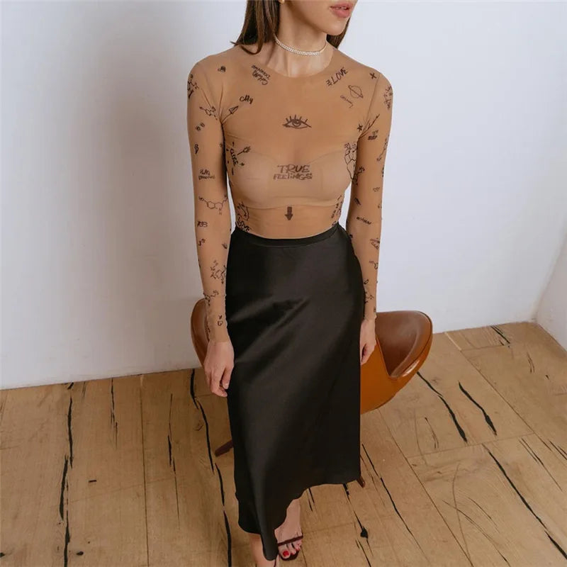 Women's Sexy Printed Long Sleeve Bodysuit – Tight-Fit O-Neck One-Piece Romper for Summer Party and Clubwear