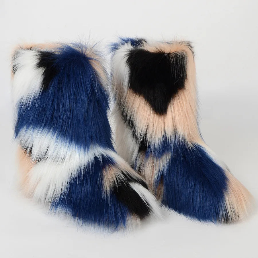 Women's Faux Fur Winter Snow Boots – Mid-Calf Plush Furry Slip-On Boots with Warm Lining and Rubber Sole