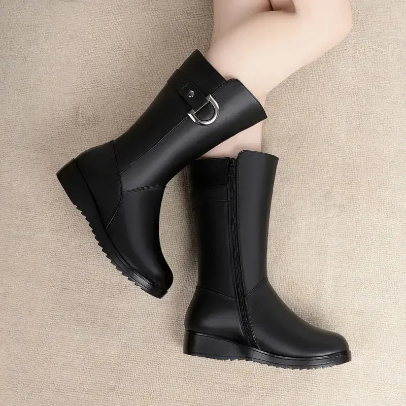 Women's Ankle Boots with Zipper and Thick Low Heel – PU Leather Punk Style Winter Shoes