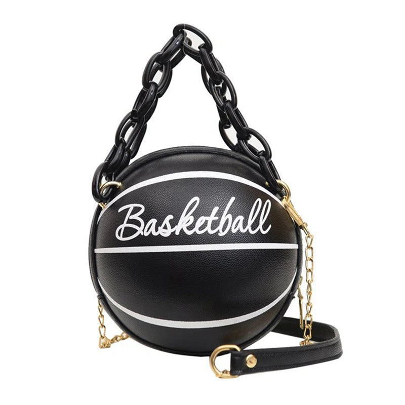 Women's Round Basketball Handbag – PU Leather Crossbody Bag with Zipper Closure & Cartoon Letter Detail