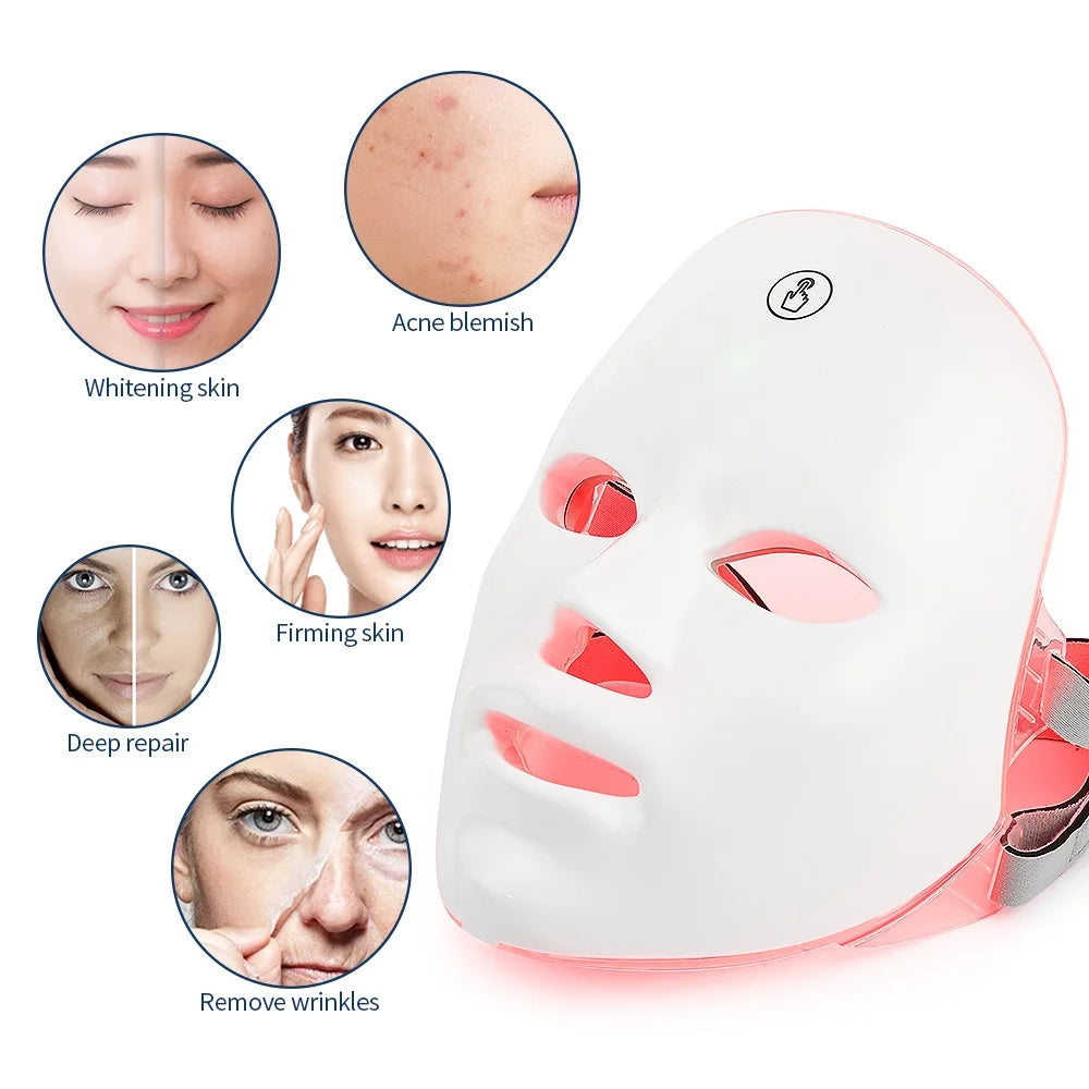 7-Color LED Facial and Neck Light Therapy Mask – Red Light Anti-Aging Device for Skin Tightening, Lifting, Rejuvenation, and Whitening