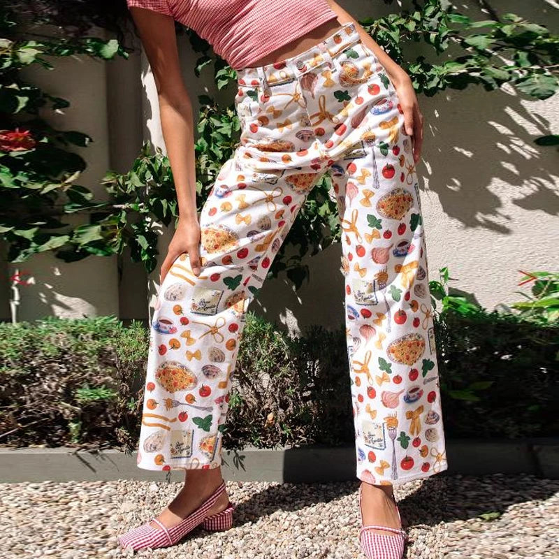 Women's Y2K Fruit Print Wide Leg Jeans – High Waist Loose Fit Straight Denim Pants with Pockets for Vintage Streetwear