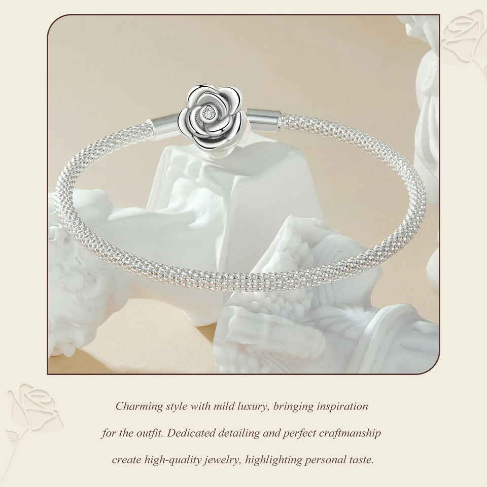Sterling Silver Rose Buckle Charm Bracelet – 925 Silver Classic DIY Bead Chain for Women, 17CM/19CM/21CM