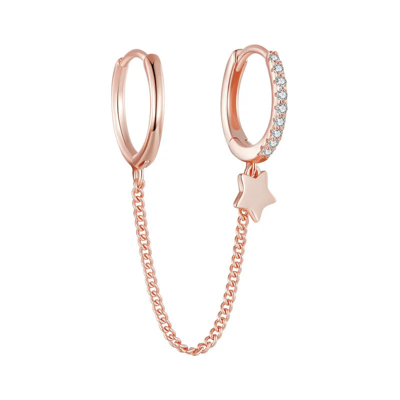 Sterling Silver Mono Double Hoop Chain Earring – Star Statement Design for Women & Teen Girls (Single Piece)