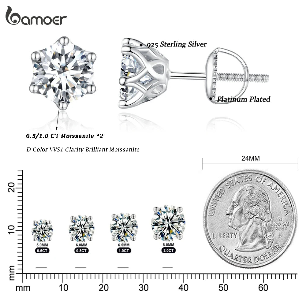 925 Sterling Silver Moissanite Stud Earrings – 1.0CT D Color Round Brilliant Cut for Engagement or Wedding