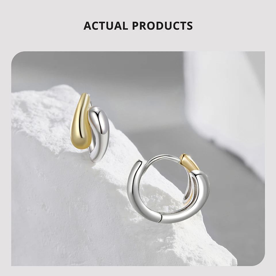 Two-Tone Waterdrop Hoop Earrings – 14K Gold & 925 Sterling Silver Chunky Twisted Link Style for Women