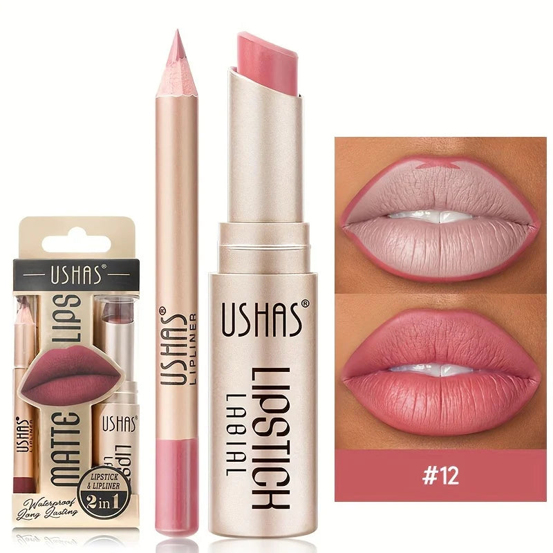 USHAS 12-Color Matte Lipstick & Lip Liner Set – Long-Lasting, Waterproof, Non-Stick Cup Makeup Kit