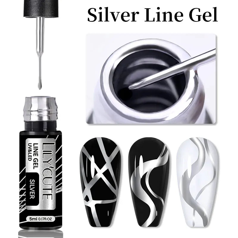 5ml Metallic Gold & Silver Liner Gel – Super Bright Mirror Nail Art Drawing Gel for French Tips & Design