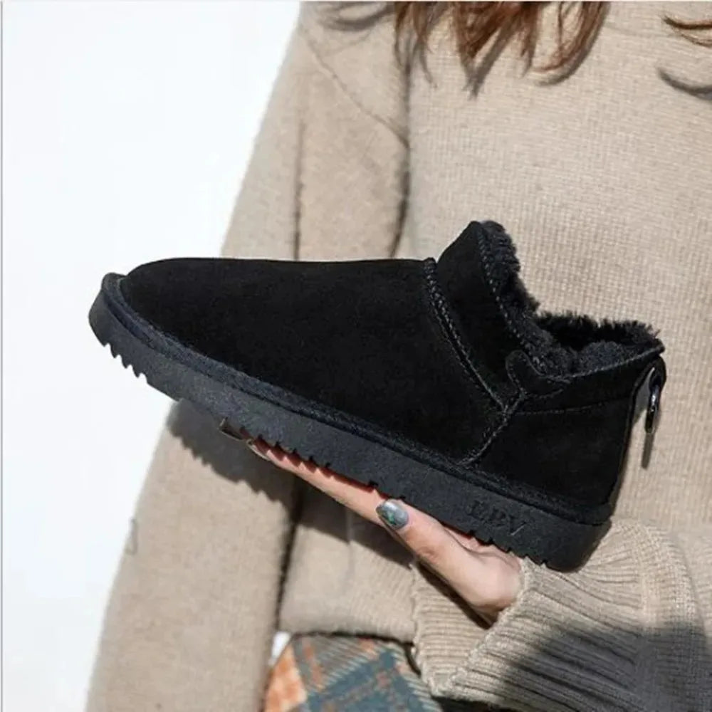 Women's Cow Suede Snow Boots – Short Plush Lined Mid-Calf Winter Boots with Anti-Slip Sole