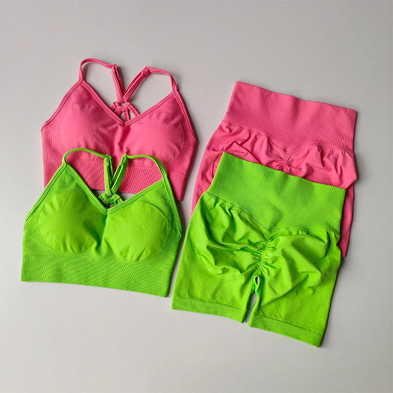 Women's Quick-Dry Yoga Set – High-Waisted Shorts & Beautiful Back Suspender Bra