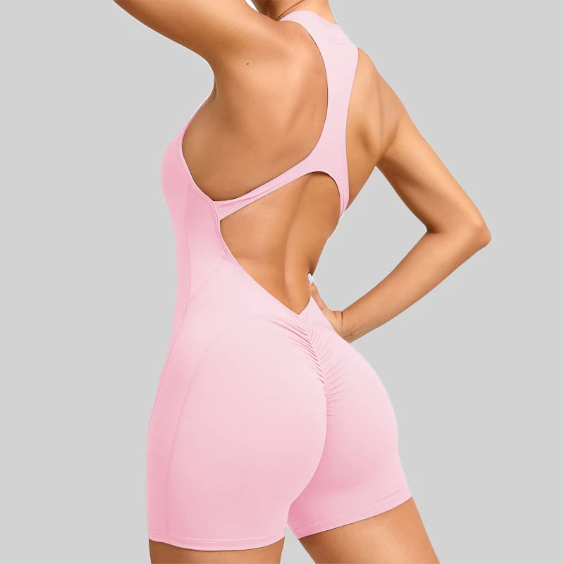 V-Back Scrunch Sports Jumpsuit for Women – Sleeveless Zipper One-Piece Gym Romper for Yoga & Fitness