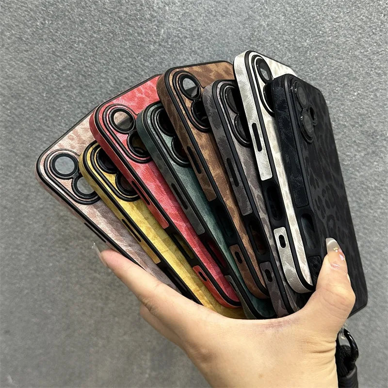 Cartoon Leopard Print Leather Case for iPhone 11/12/13/14/15/16 Series – Matte Cover with Wrist Strap, Lanyard, and Camera Lens Protection
